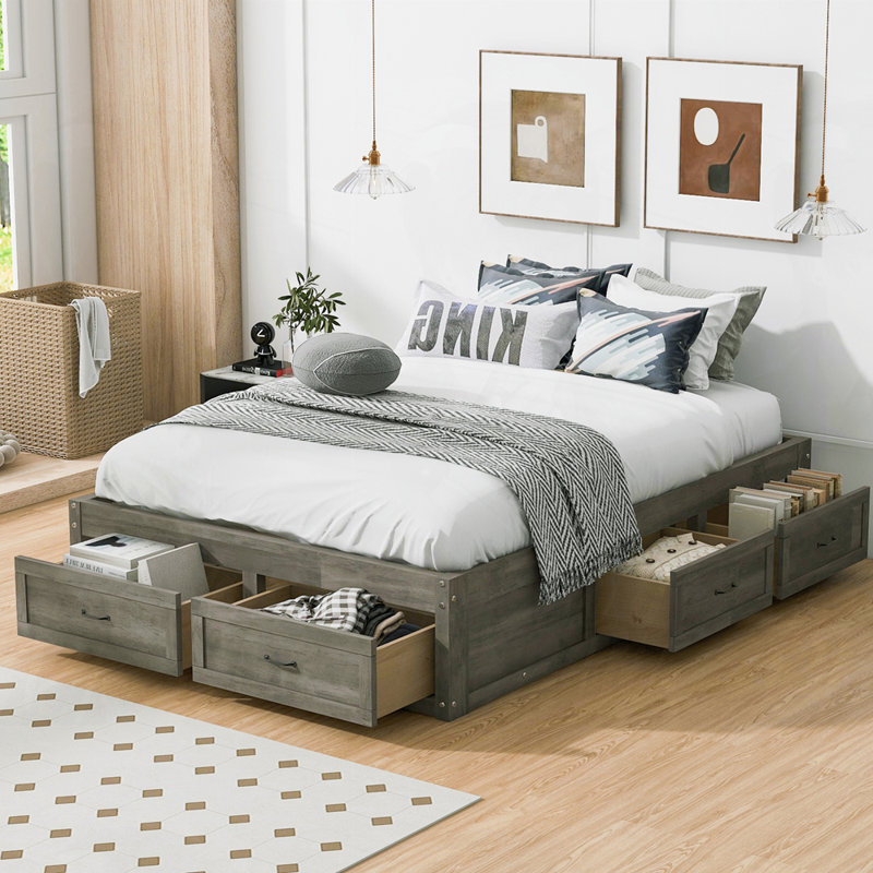 Lit plateforme avec rangement, Gris antique, Double