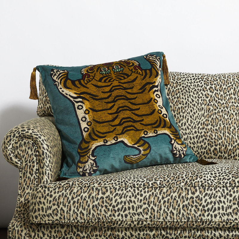 Saber Velvet Throw Square Pillow Cover & Insert, 17.72" H x 17.72" W, Emerald/Brown/Black/Red