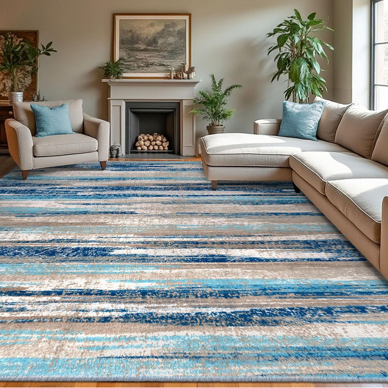 Area Rugs Washable Non Slip Rug with Rubber Backing for Living Room Bedroom, Rectangle 9' x 12', Blue/Beige/Brown