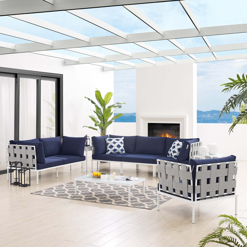 Ensemble de conversation d'extérieur en aluminium 8 pièces Sunbrella Harmony par Modway, Sunbrella® bleu marine
