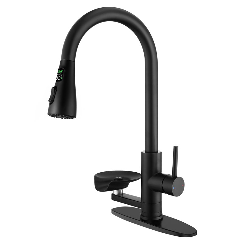 Topcraft Single-Hole Single-Handle Pull-Down Kitchen Faucet With LED And Deck Plate, Matte Black