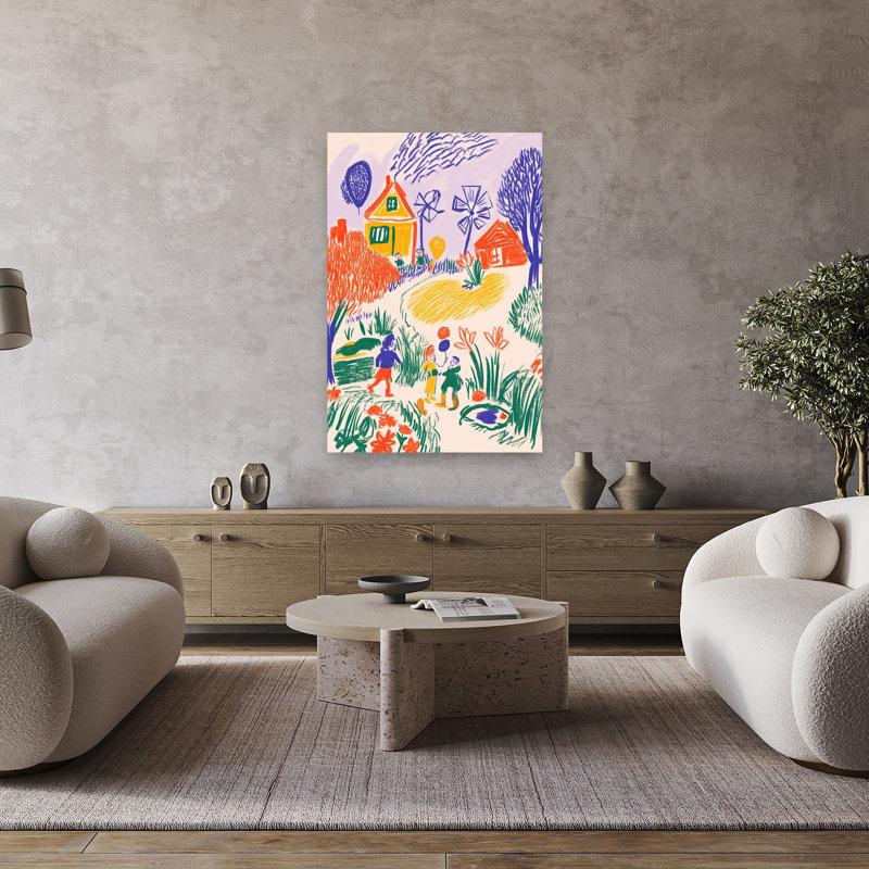 «Children's Whimsical Village Colorful Playful Whimsical Landscape Spring», reproduction d'art mural, H 48 po x l 32 po