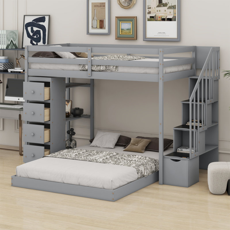 Twin Over Full Bunk Bed With Shelves, Drawers And Storage Stairs, Gray