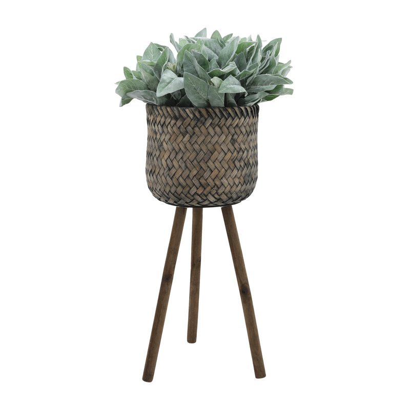 Handwoven Bamboo and Pine Wood Planters with Tripod Base, Decorative Woven Design, Durable Construction, Set of 3, 2 Piece