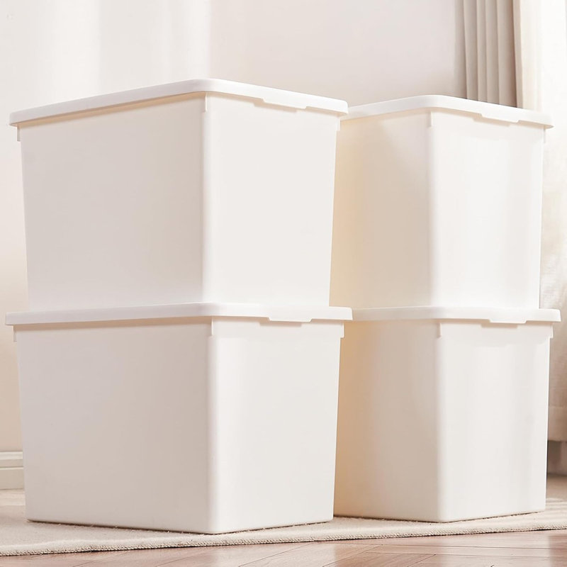 Bacs de rangement blancs empilables en plastique avec couvercles - Paquet de 4 boîtes de rangement avec poignées pour bureau, garage, artisanat, Legos, outils et livres