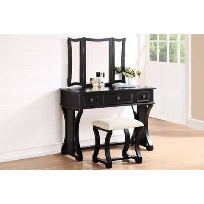 Black, Modern, Contemporary, Bedroom Vanity , Stool, 3 - Compartment Drawers, Foldable Mirror, Pine, Storage Particle Board
