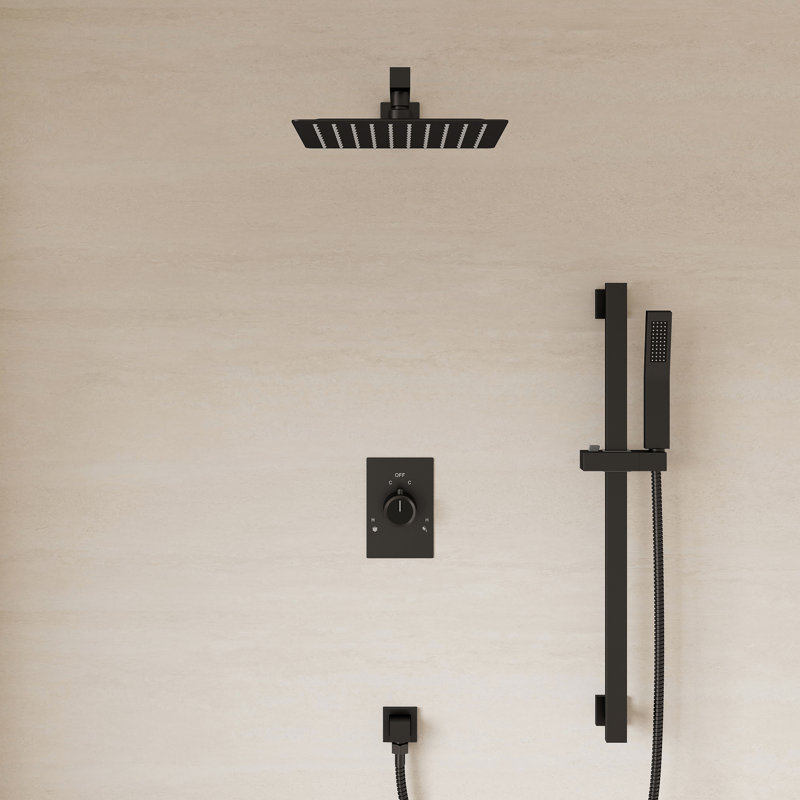 10" Pressure-Balanced Rain Shower System with Adjustable Slide Bar Handheld Shower and Rough-In Valve, Matte Black