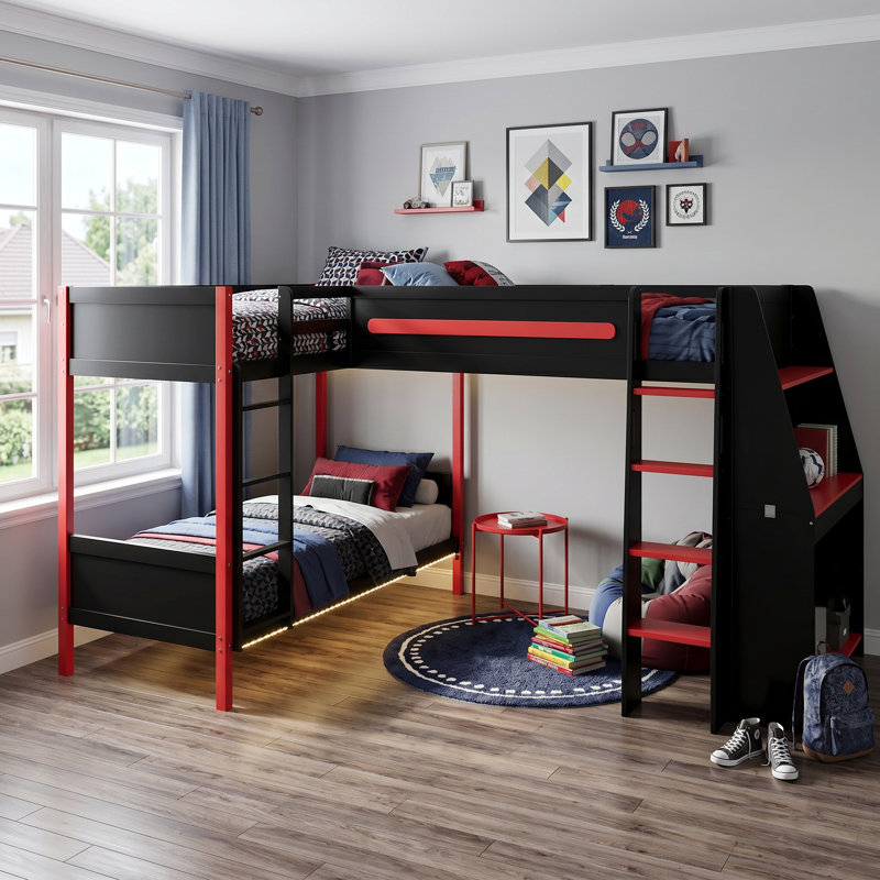 Lit superposé simple en L avec lit de mezzanine pour 3 personnes, bureau intégré, tablettes et DEL, cadre en bois de pin et en panneau de fibres à densité moyenne, noir et rouge