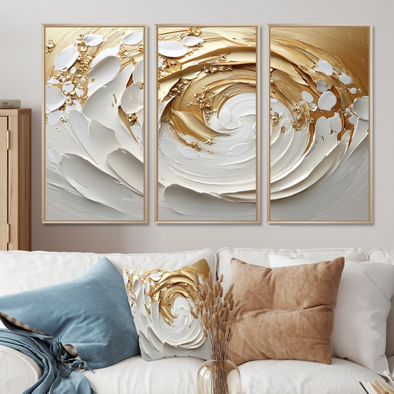 «White and Gold Rose In Vortex Love I», ensemble d'art mural à spirales abstraites, Toile naturelle avec cadre flottant