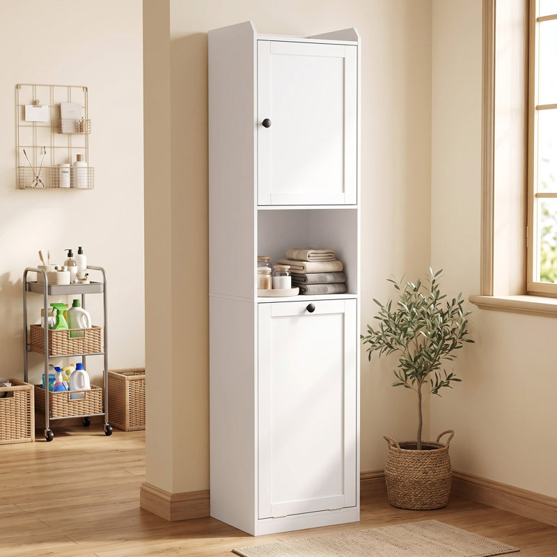 Armoire de rangement de 67 po de hauteur avec panier à linge inclinable, blanc