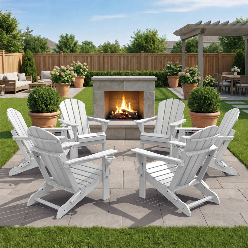 Ensemble de 6 chaises Adirondack pliantes, chaises de foyer, porte-gobelet, PEHD toutes saisons, Blanc