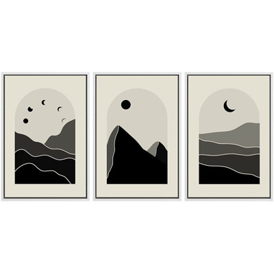 Signature signée, impression sur toile, ensemble géométrique, lune de montagne, soleil, paysages, nature sauvage, illustrations, art moderne, minimalisme, décoratif pour le salon, la chambre à coucher, le bureau - 16 po x 24 po x 3 po blanc