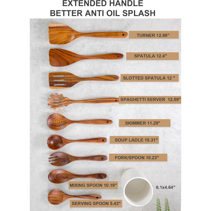 Natural Wood 10-Piece Cooking Utensils Set with White Ceramic Holder