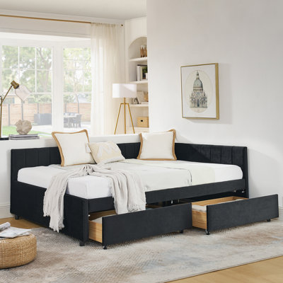 Upholstered Tufted Bed With Two Drawers,Comfortable Backrest And Armrests
