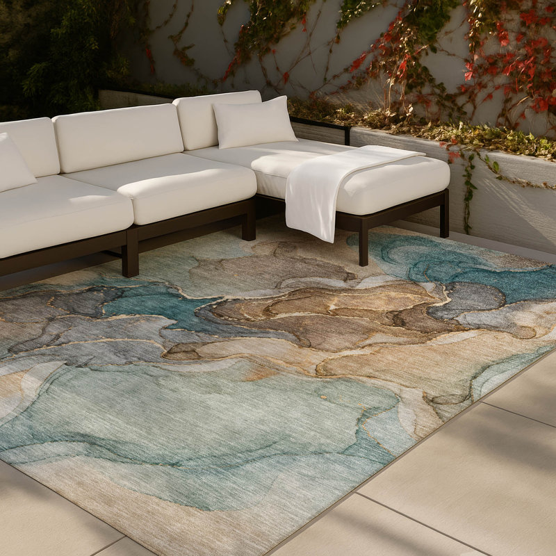 Tapis Chantille ACN3119 abstrait, lavable à la machine, intérieur/extérieur, Sarcelle, 10 pi x 14 pi