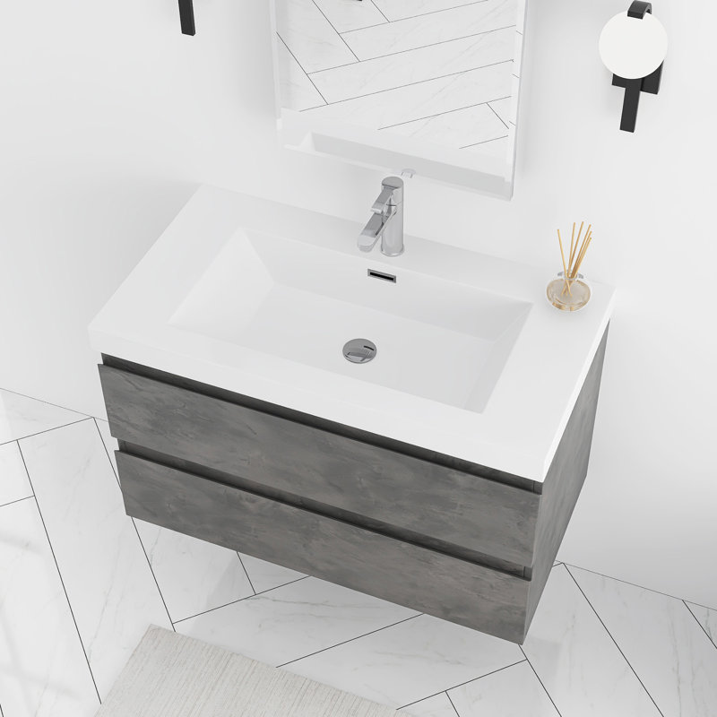 Meuble-lavabo mural simple 36 po avec plateau en résine intégré, Gris