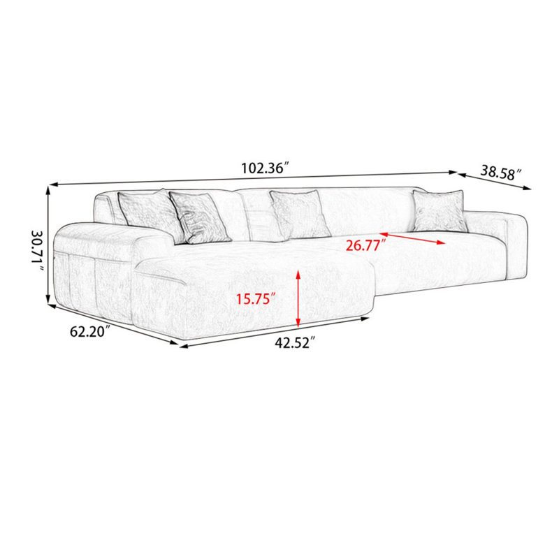 Canapé modulaire 2 pièces rembourré, Face à la gauche, H 30,71 po x l 102,36 po x P 62,2 po