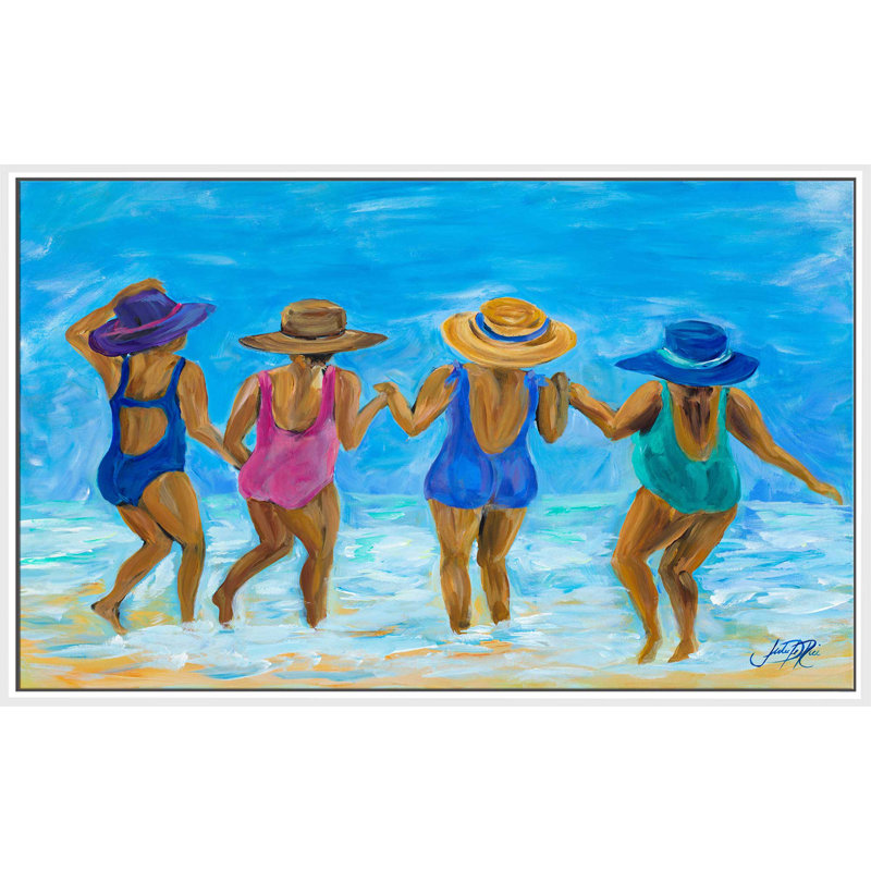 «Mesdames sur la plage I», reproduction de peinture acrylique, H 27,5 po x l 43,5 po, Cadre flottant blanc