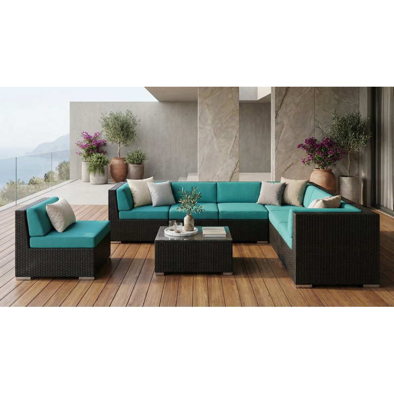 Ensemble de conversation en osier pour 7 personnes avec coussins Billyjo Wicker, Toile Aruba Sunbrella®, Noir