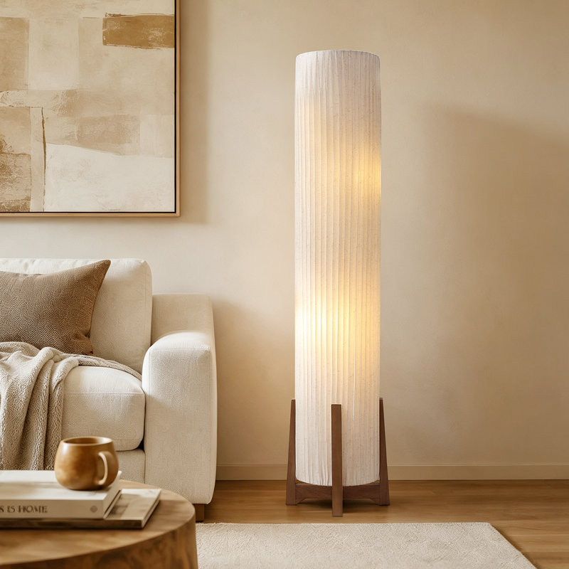 Lampadaire plissé organique moderne de 137 cm avec base en bois massif couleur noyer, 2 ampoules DEL et interrupteur au pied
