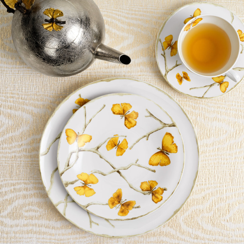 Butterfly Ginkgo 5 Piece Yellow/White Dinnerware Set