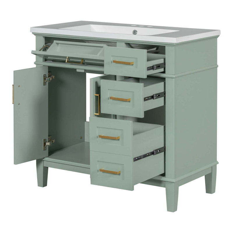Meuble-lavabo moderne avec lavabo en résine, 2 portes à fermeture douce et 4 tiroirs, Vert