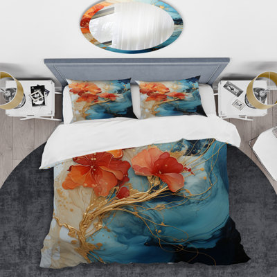 Orange Teal Abstract Fractal - Fractals Duvet Cover Set - Microfiber Polyester