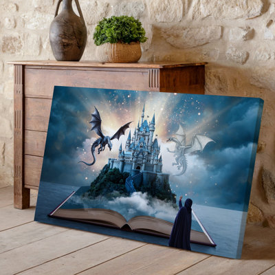 Toile, "Une scène fantastique se déploie avec un grand château", art mural perché sur un affleurement rocheux enveloppé de nuages tourbillonnants
