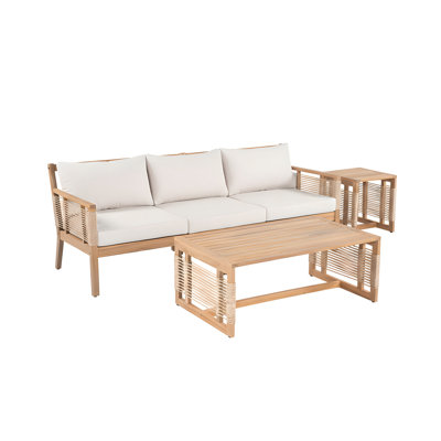Outdoor Patio Acacia Wood 3-Seater Sofa Set With 2 Coffee Tables For Garden, Backyard, Poolside, Teak Look+Beige Cushion