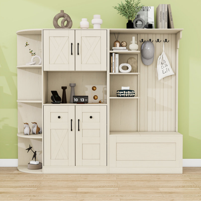 Armoire de vestibule multifonctionnelle avec rangement et crochets, combinaison 2 en 1 gauche-droite, Beige