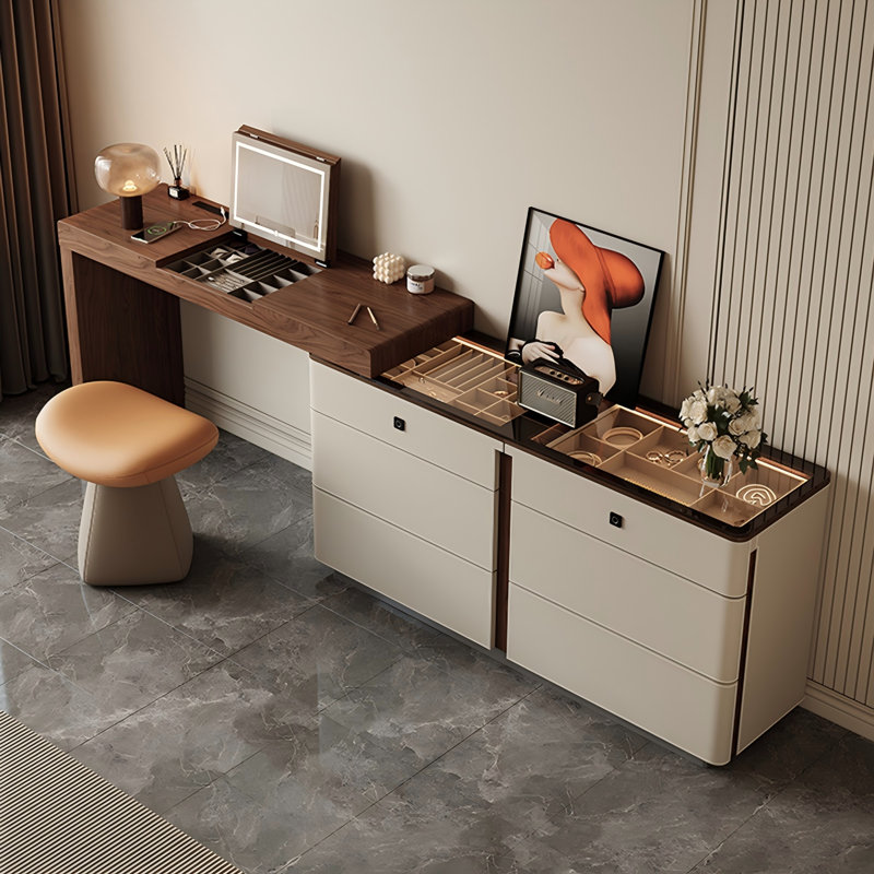 Table de coiffeuse extensible 47,24 po en bois massif rétro avec armoire latérale et miroir DEL