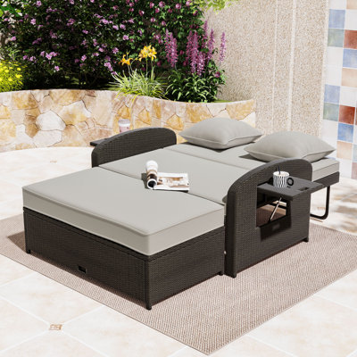 Chaise longue d'extérieur en rotin double avec coussins et dossier réglable