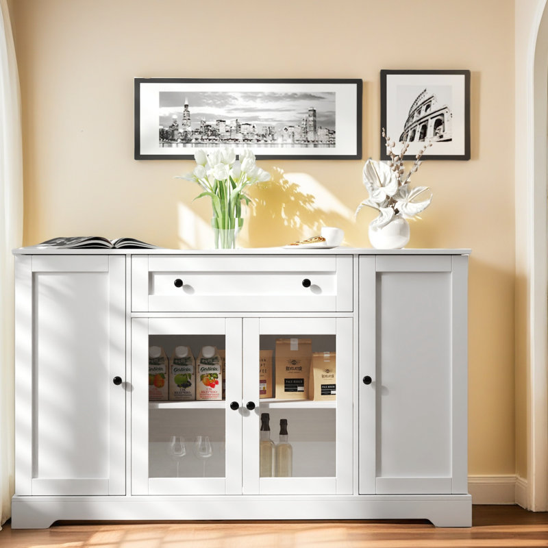 Buffet avec rangement, buffet moderne avec portes, armoire à café en bois avec tiroir et tablette réglable pour la cuisine, la salle à manger et le salon, blanc