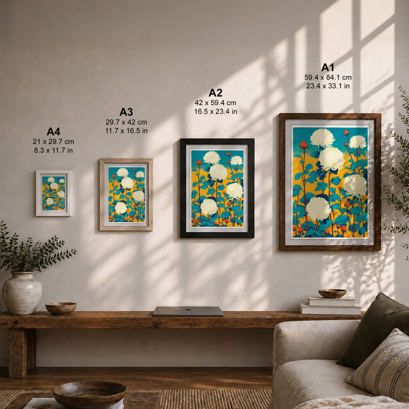 Chrysanthemums in Teal Botanical 1 Piece Single Picture Frame Wall Art, A3 - 42.0 x 29.7 cm, Black