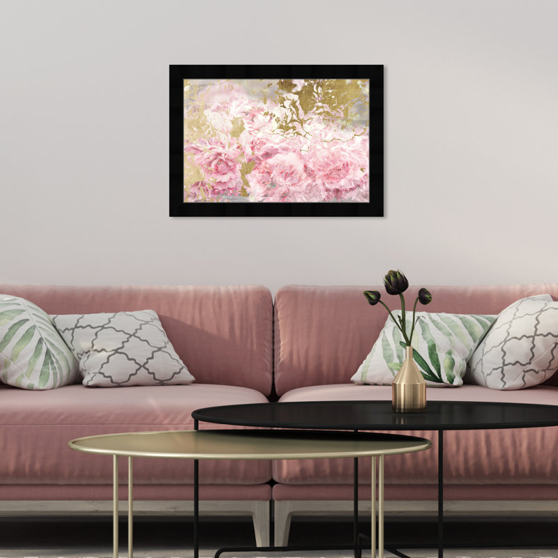 Camélias roses et dorés - peinture à cadre flottant, H 12 po x l 17 po, Papier avec cadre noir