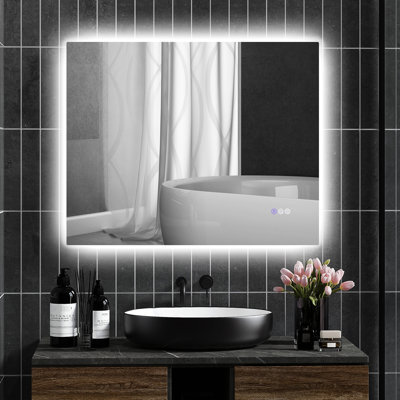 Miroir de salle de bain 39 po x 32 po avec lumières DEL, brouillard, mémoire, intensité variable, fixation murale, température et luminosité de couleur réglables, horizontal / vertical, verre transparent, miroir en aluminium et cadre
