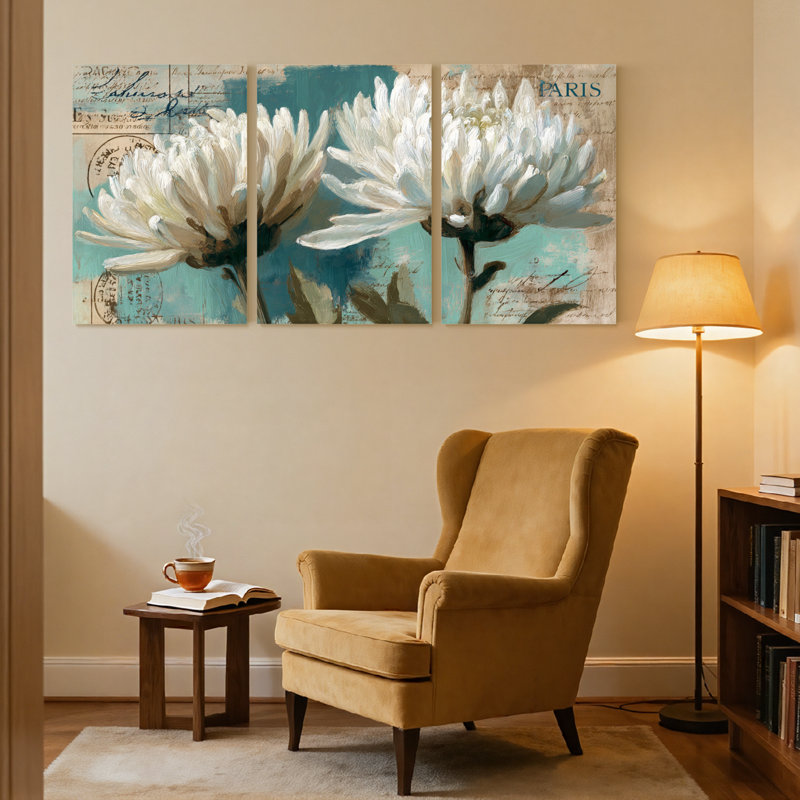 Plantes et fleurs, fleurs blanches, écriture rétro sur fond de Paris, ensemble de 3 impressions sur toile, H 30 po x l 60 po