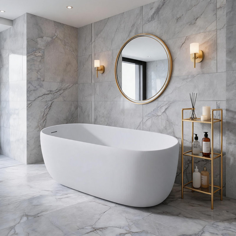 51 inch Matte White Solid Surface Freestanding Soaking Bathtub with Overflow and Pop-up Drain