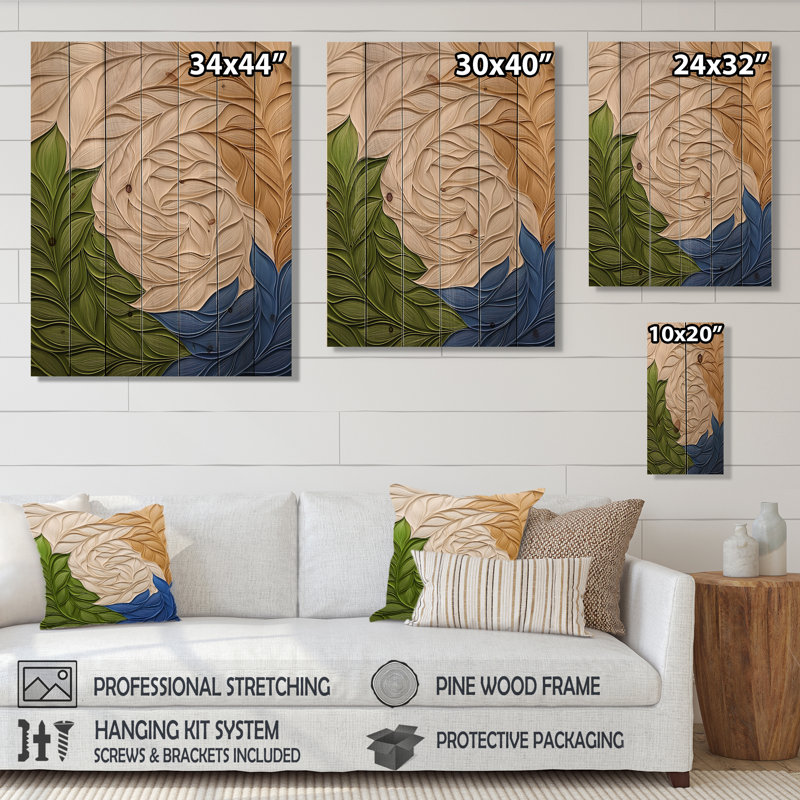 Green And Beige Harmony Natural Element II - Botanicals Green Wood Print On Natural Pine Wood, 20" H x 10" W x 0.78" D