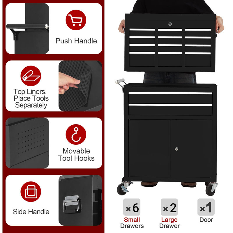 8-Drawer Rolling Tool Chest with Detachable Top Cabinet & Locking System for Garage Warehouse Repair Shop