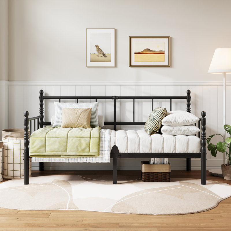 14" Sturdy Metal Day Bed With Steel Slat Support, Twin Sofabed，Black, Black
