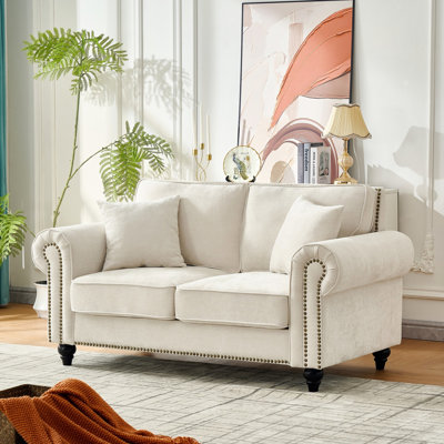 Beige, 63", 2 - Seater , Rolled Arms, Chenille Upholstery, Wood Legs, Nailhead Trim, Apartment, Living Room, High Density Foam Filled, Soft Velvet Touch, Solid Pine Frame, Curved , Medium Seating,