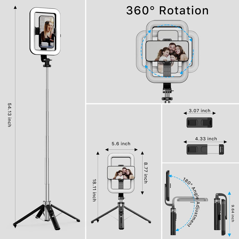 Éclairage à DEL 8 po avec support, lumière rectangulaire à intensité variable pour la photographie en direct avec maquillage, comprend un support de téléphone à trépied et une télécommande sans fil pour l'enregistrement vidéo sur tiktok