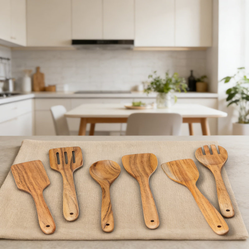 Ensemble de spatules en bois d'acacia, ustensiles de cuisine en bois 6 pièces pour batterie de cuisine antiadhésive, comprenant un tournevis, une spatule fendue, une cuillère, une fourchette, des outils de cuisson résistants à la chaleur et sans égratignures