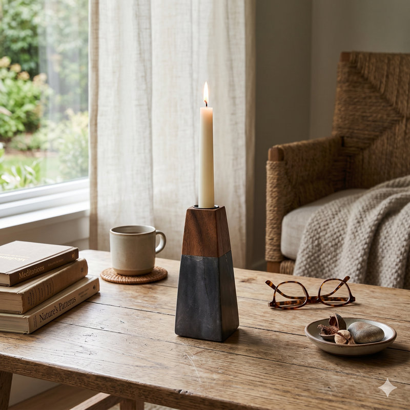Tapered 6" Marble & Acacia Candleholder