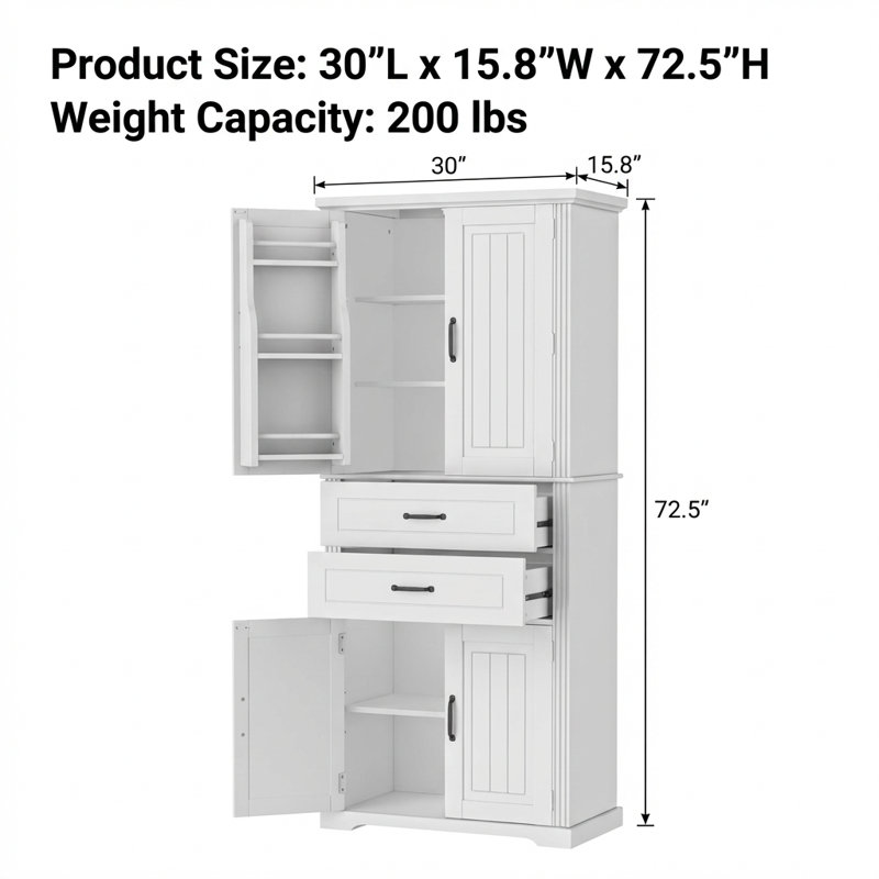 Multi-Functional Storage Cabinet with Adjustable Shelves and Drawers for Kitchen, Bathroom, Living Room, and Dining Room Organization