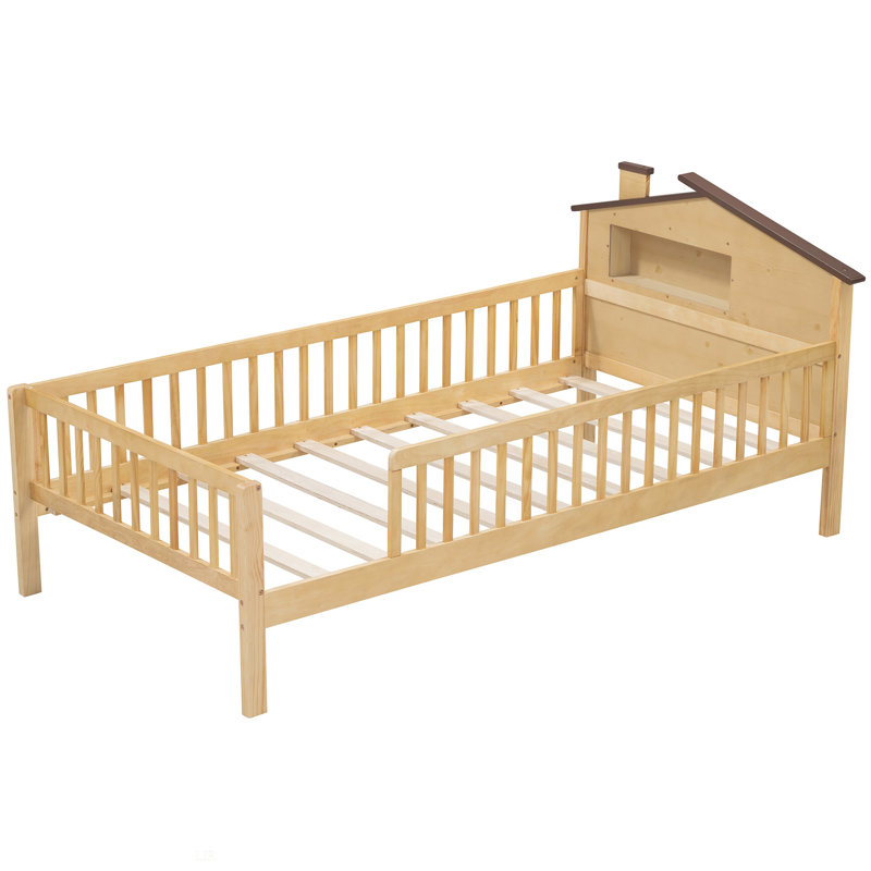 Lit plateforme en bois avec tête de lit en forme de maison, DEL et rangement intégré, cadre de lit, Lit simple, Naturel