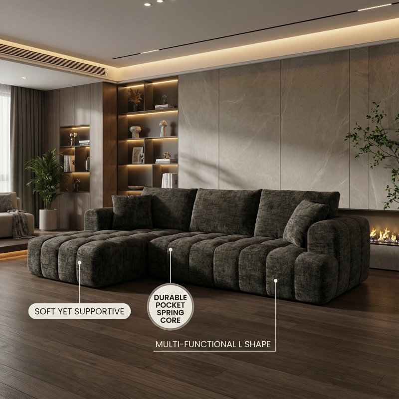 Luxury Chenille L-Shape Sectional Sofa - Khaki, Comfy Sleeper Couch, No Assembly Required, Brown