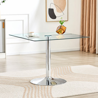 38.5-inch Modern Minimalist Square Glass Dining Table with Single-Column Metal Base. Available in Black, Gold, or Silver. Home dining table. Suitable for 2–4 people.