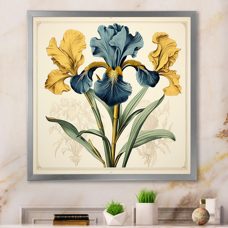 Illustration rétro d'iris bleus jaunes sur toile, Cadre simple argenté, H 16 po x l 16 po x P 1 po